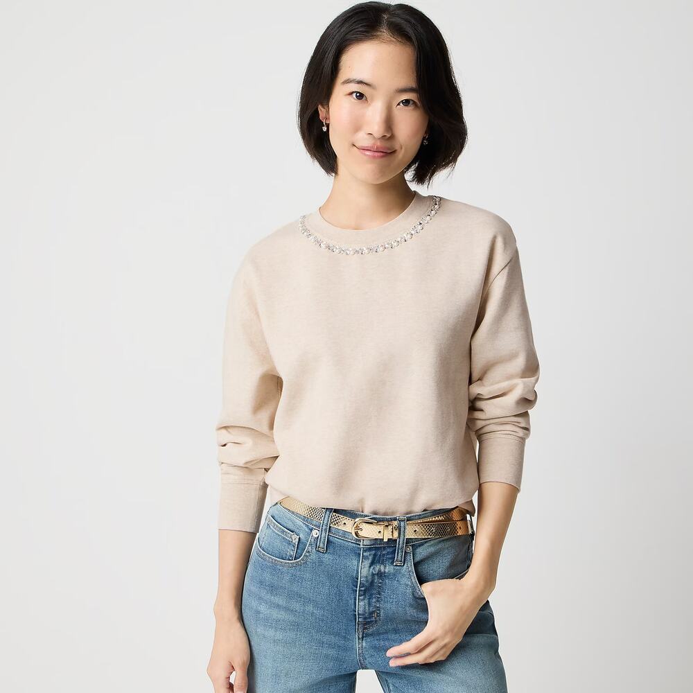NWT J. Crew Factory Embellished-neckline Sweatshirt in Hthr Oatmeal Size S